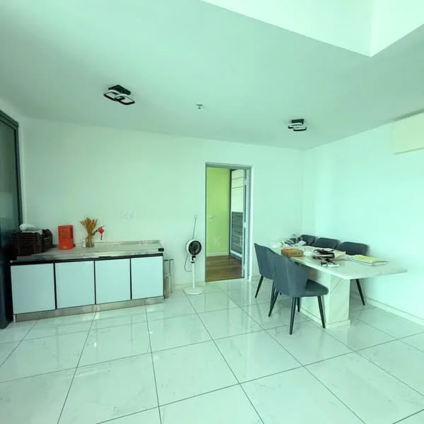 Dining features: white painted walls, glossy white tile flooring, dining table with white surface, upholstered dining chairs in grey, sideboard with storage, ceiling lights, floor fan, open layout, large windows, natural light; style: modern.
