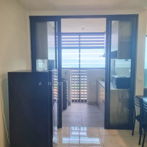 Kitchen features: black fridge, glass sliding door, white cabinetry, countertop with sink, tile flooring, window with horizontal blinds, open layout, view of outdoor space; style: modern; view: city.