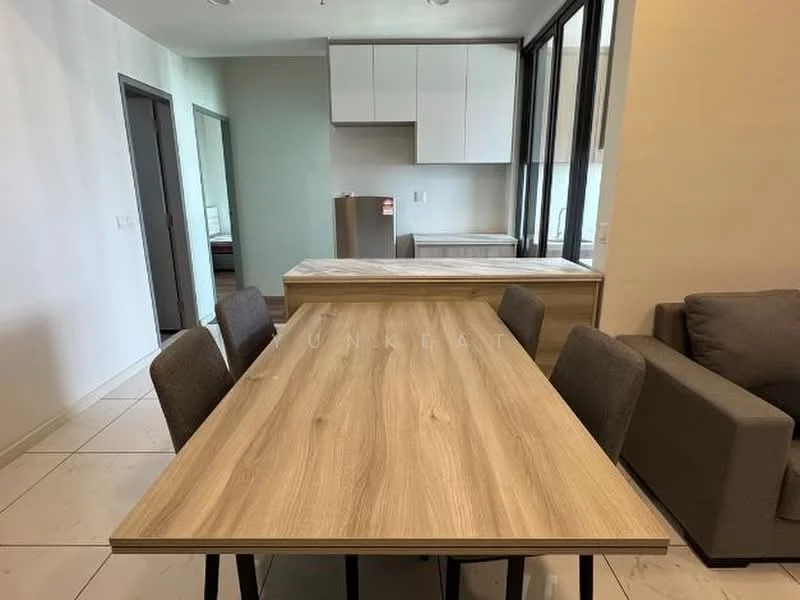 Dining features: wood dining table, 4 dining chairs, grey fabric sofa, kitchen island, white cabinetry, marble countertop, large windows, tile flooring; style: modern.