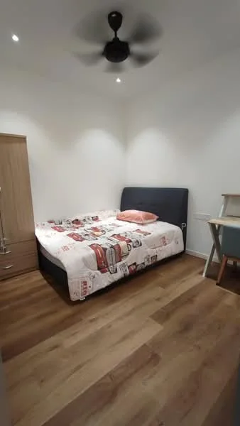 Bedroom features: queen-size bed with patterned bedding, wooden flooring, white painted walls, 5-blade ceiling fan, nightstand, wooden wardrobe, study desk, chair; style: modern.