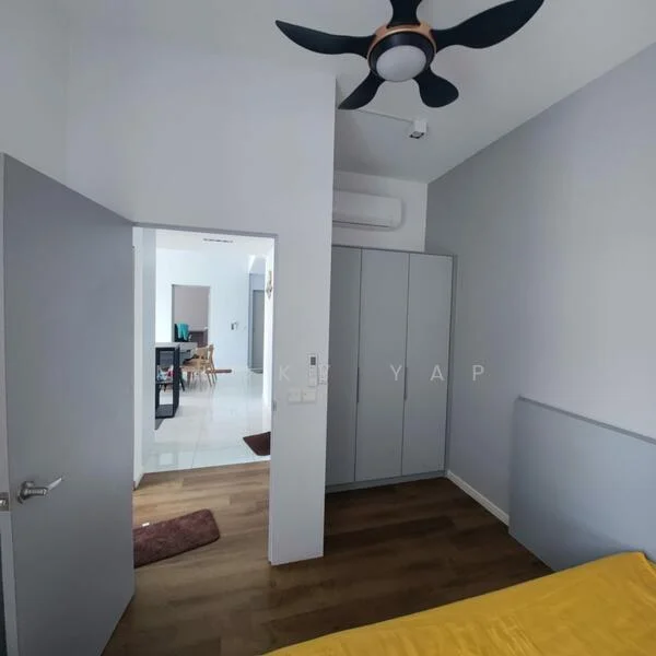 Room features: grey painted walls, wooden flooring, 5-blade ceiling fan, built-in wardrobe, doorway leading to another room, air conditioning unit; style: modern.