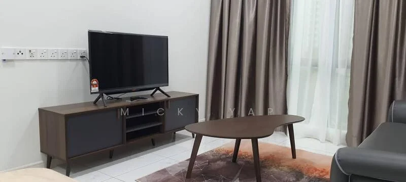 Living features: flat-screen TV on console, wooden TV console in dark finish, round coffee table with wooden legs, area rug with abstract pattern, grey fabric sofa, floor-to-ceiling windows, sheer curtains, dark brown curtains, white tiled flooring; style: modern.