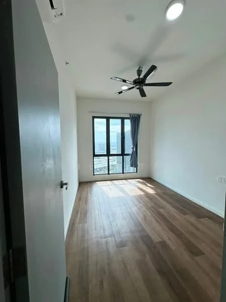 Room features: wooden flooring, white painted walls, ceiling fan, floor-to-ceiling windows, curtains, natural light, light fixture, door; style: modern; view: city.