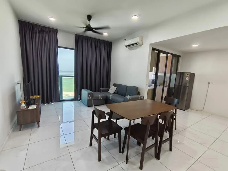 Living features: grey fabric sofa, 3-seater sofa, ceiling fan, dining table with 4 chairs, white marble tile flooring, floor-to-ceiling windows, curtains, wall-mounted air conditioning unit, side table, refrigerator; style: modern; view: city.