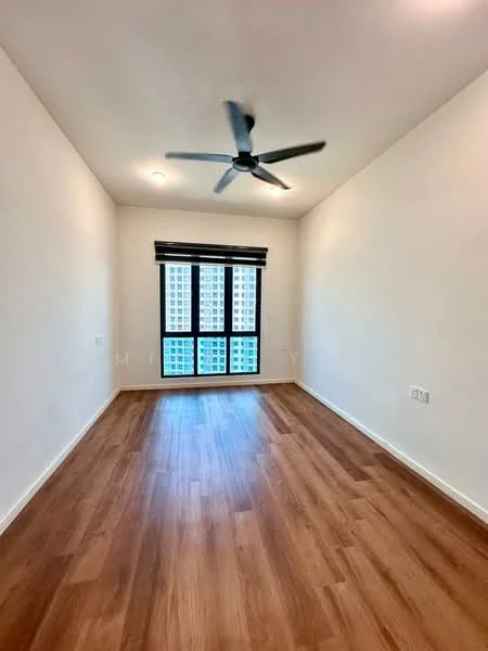 Bedroom features: light wood flooring, white painted walls, 5-blade ceiling fan, floor-to-ceiling windows, blackout roller blinds, no visible furniture; style: modern; view: city.
