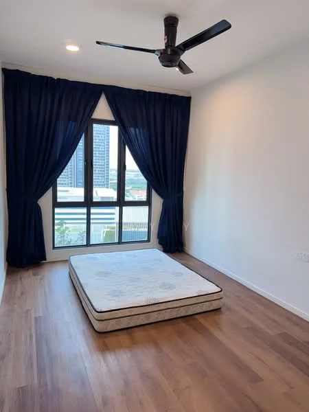 Bedroom features: wooden flooring, white painted walls, 5-blade ceiling fan, floor-to-ceiling windows, blue curtains, unmade mattress on the floor, city view; style: modern; view: city.