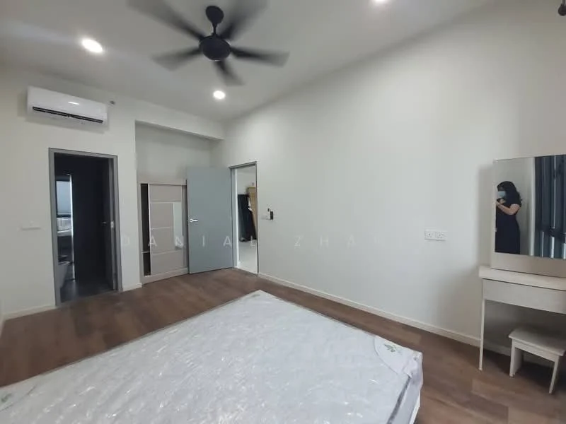 Bedroom features: wooden flooring, white painted walls, 5-blade ceiling fan, floor-to-ceiling window, mirror dresser, queen-size bed, built-in wardrobe, door leading to hallway; style: modern.