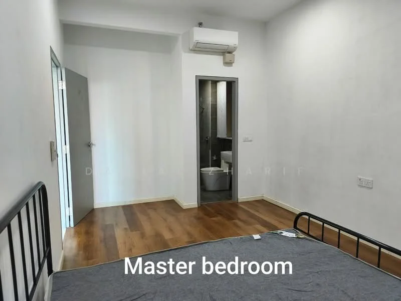 Bedroom features: wooden flooring, white painted walls, 1 wall-mounted split AC, door leading to bathroom, black metal bed frame, queen-size bed, window with no visible treatment, light fixture on ceiling; style: modern.
