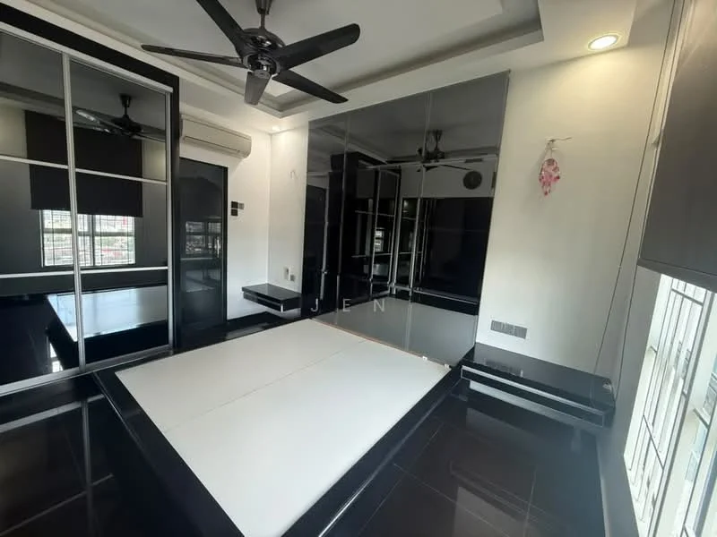 Bedroom features: black glossy cabinetry, white platform bed base, black tiled flooring, ceiling fan, wall-mounted air conditioning unit, large windows with grid pattern, built-in wardrobe with mirrored doors, decorative wall paneling, LED lighting, minimalist decor; style: modern; view: city.