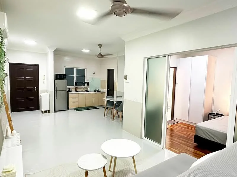 Living features: white painted walls, polished concrete flooring, 5-blade ceiling fan, sofa, coffee table, dining table with chairs, refrigerator, kitchen cabinetry, kitchen countertop, kitchen appliances, open layout, natural light from windows; style: modern. Bedroom features: wood flooring, queen-size bed, built-in wardrobe, bedside lamp, window with natural light; style: modern. Kitchen features: kitchen cabinetry, kitchen countertop, stainless-steel sink, kitchen appliances, open layout; style: modern.