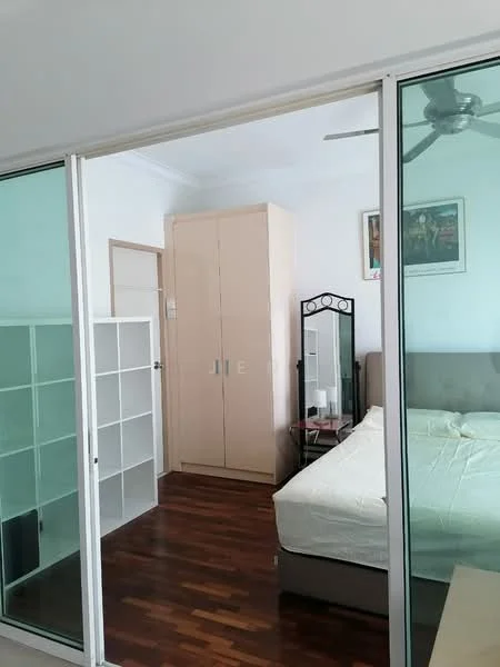 Bedroom features: queen-size bed, upholstered headboard, wooden flooring, built-in wardrobe with sliding doors, mirror on dresser, ceiling fan, white walls, decorative artwork on wall; style: modern.
