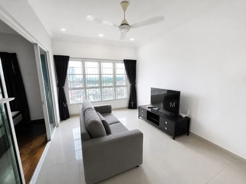 Living features: 3-seater fabric sofa in grey, wall-mounted TV, TV console in black, floor-to-ceiling windows, blackout curtains, white painted walls, recessed downlights, ceiling fan with light, glossy tile flooring, wood flooring visible in adjacent room; style: modern; view: city.