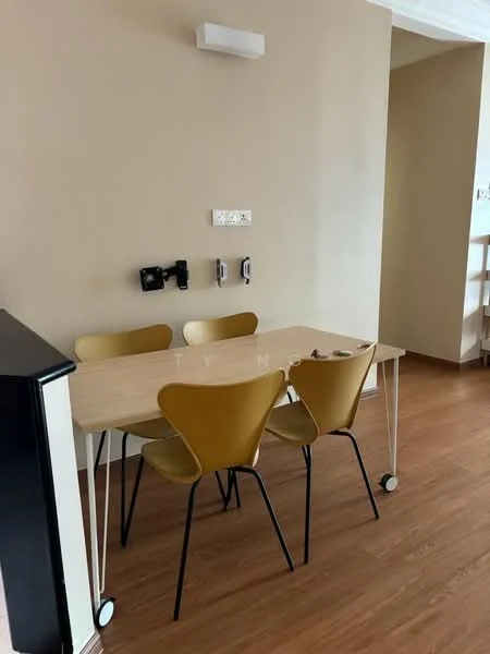 Dining features: light wood dining table, 4 yellow dining chairs, laminate flooring, cream painted walls, wall-mounted light fixture, power outlets on wall; style: modern.