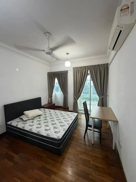 Bedroom features: queen-size bed, wooden flooring, 5-blade ceiling fan, recessed downlights, floor-to-ceiling windows, sheer curtains, blackout curtains, study desk, chair, wall-mounted air conditioning unit; style: modern; view: city.