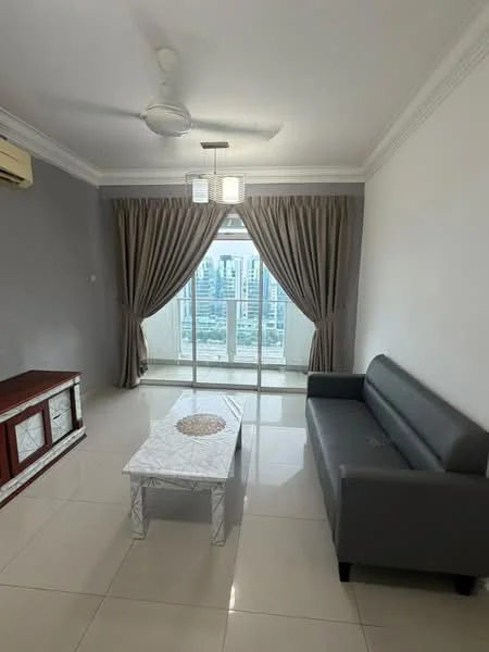 Living features: grey leather sofa, white coffee table, ceiling fan with light, floor-to-ceiling windows, curtains in beige, white tiled flooring, air conditioning unit on wall, decorative wall with grey paint, TV console in dark wood; style: modern; view: city.
