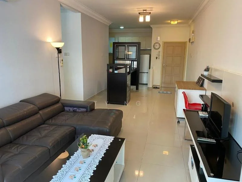 Living features: 3-seater leather sofa in dark brown, coffee table with decorative runner, wall-mounted TV, TV console in white, recessed ceiling lights, cream painted walls, glossy tile flooring, air conditioning unit, decorative plant on table; style: modern. Kitchen features: stainless-steel fridge, built-in kitchen cabinetry, countertop with bar seating, microwave, oven, kitchen island, pendant lighting, cream tiled backsplash; style: modern.