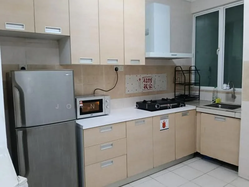 Kitchen features: light wood cabinetry, white countertop, stainless-steel fridge, built-in microwave, 4-burner gas hob, stainless-steel sink, chrome pull-down faucet, tile backsplash, window with natural light, open shelving, kitchen exhaust hood; style: modern.