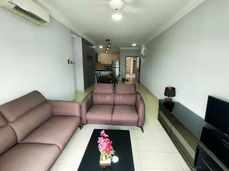 Living features: 3-seater fabric sofa in purple, 2-seater fabric sofa in purple, coffee table with black surface, TV console in dark wood, wall-mounted TV, white painted walls, tile flooring, ceiling fan with light, air conditioning unit, decorative plant on coffee table; style: modern. Kitchen features: open kitchen layout, kitchen cabinets in light wood, stainless-steel fridge, built-in oven, 4-burner gas hob, exhaust hood, countertop in light color, tile backsplash; style: modern.