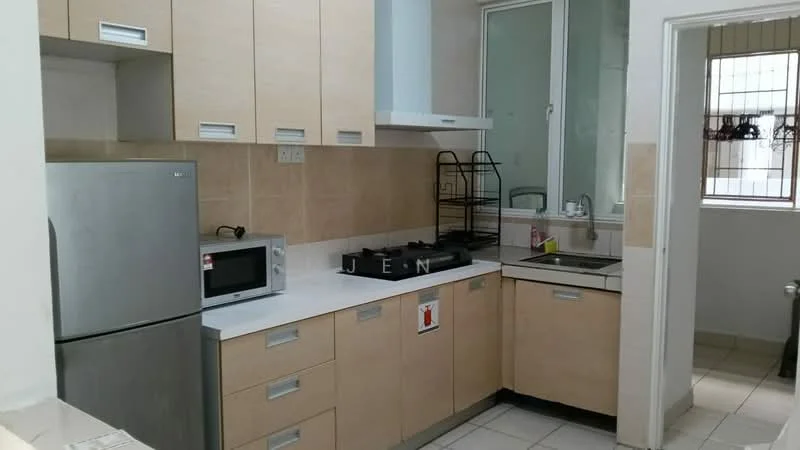 Kitchen features: light wood cabinetry, white countertop, stainless-steel fridge, microwave, 4-burner gas hob, built-in oven, single-bowl stainless-steel sink, chrome pull-down faucet, tile backsplash, cream tiled flooring, window with metal grille, open shelving; style: modern.