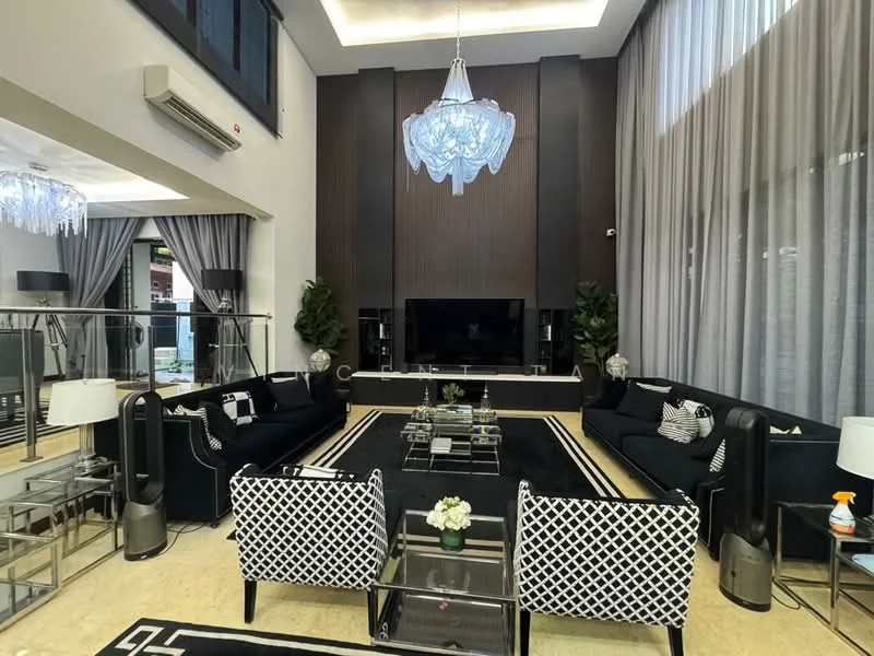 Living features: black fabric sofas, glass coffee table, black area rug with geometric pattern, chandelier with crystal accents, floor-to-ceiling windows with sheer curtains, black accent wall, wall-mounted TV, decorative plants in pots, mirrored side tables, black and white patterned armchairs, recessed ceiling lights; style: modern.