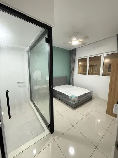 Bedroom features: queen-size bed, upholstered headboard, ceiling fan, floor-to-ceiling windows, grey accent wall, white painted walls, light-colored curtains, tile flooring, built-in wardrobe, study desk, decorative mirror; style: modern; view: city. Bathroom features: glass shower enclosure, white tiled walls, modern faucet, vanity with sink, mirror, tile flooring; style: modern.
