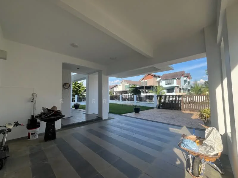 Exterior type: detached bungalow; features: covered car porch, grey stone flooring, white painted walls, recessed ceiling lights, open layout, manicured lawn, paved driveway, fenced perimeter, adjacent residential buildings, landscaped garden; style: modern.