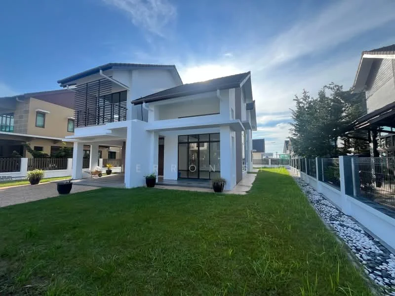 Exterior type: detached bungalow; features: white painted facade, flat roof, large glass windows, manicured lawn, stone-paved walkway, surrounded by greenery, two-storey structure, fenced perimeter; style: modern.