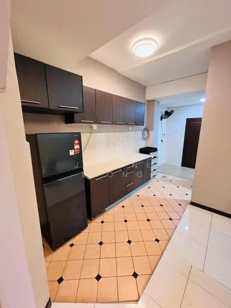 Kitchen features: black refrigerator, granite countertop, dark wood cabinetry, tile flooring with black accents, single-bowl stainless-steel sink, chrome pull-down faucet, wall-mounted light fixture, open shelving, built-in microwave, stainless-steel range hood; style: modern.