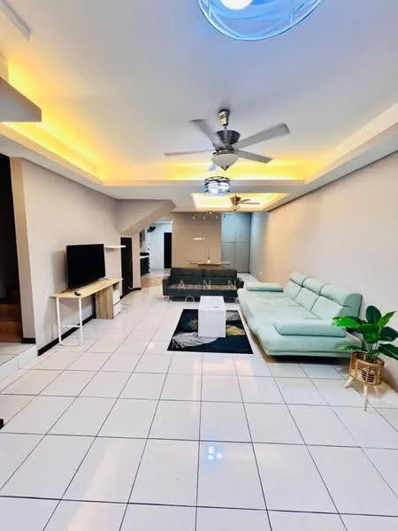 Living features: light grey sectional sofa, white coffee table, wall-mounted TV, TV console, 5-blade ceiling fan with light, recessed LED downlights, cream painted walls, white tiled flooring, decorative area rug, indoor plant in basket, crown moulding, open layout; style: modern.
