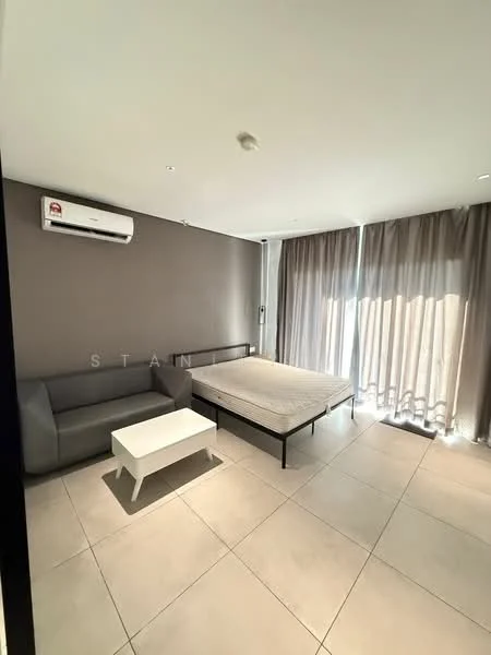 Bedroom features: queen-size bed frame without mattress, grey fabric sofa, white coffee table, floor-to-ceiling windows, sheer curtains, dark grey accent wall, light grey tiled flooring, wall-mounted split AC; style: modern.