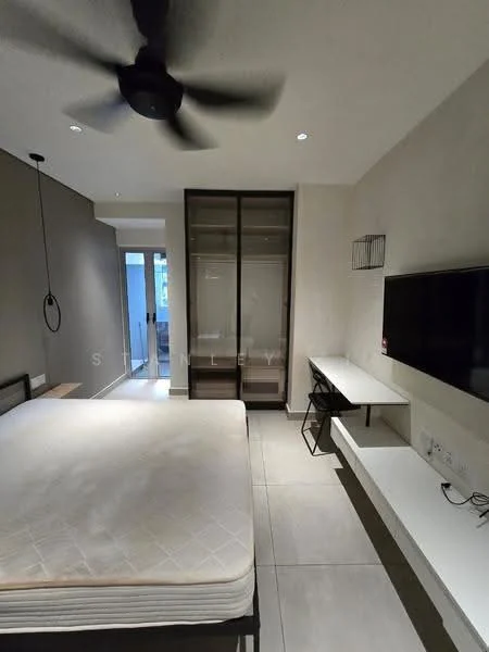 Bedroom features: queen-size bed frame without mattress, ceiling fan, wall-mounted TV, built-in wardrobe with sliding doors, study desk, chair, light-colored wall, grey accent wall, recessed downlights, floor-to-ceiling windows, tile flooring; style: modern.