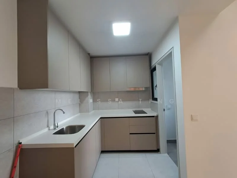 Kitchen features: single-bowl stainless-steel sink, chrome pull-down faucet, white quartz countertop, flat-panel beige cabinets, built-in oven, 4-burner gas hob, ceramic tile backsplash, recessed LED downlights, grey tile flooring, window for natural light; style: modern.
