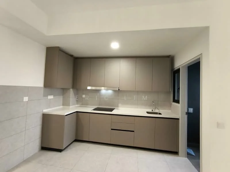Kitchen features: grey cabinetry, white countertop, single-bowl stainless-steel sink, chrome pull-down faucet, built-in oven, 4-burner gas hob, exhaust hood, tile backsplash, grey tile flooring, recessed downlights, wall-mounted cabinets, open shelving; style: modern.