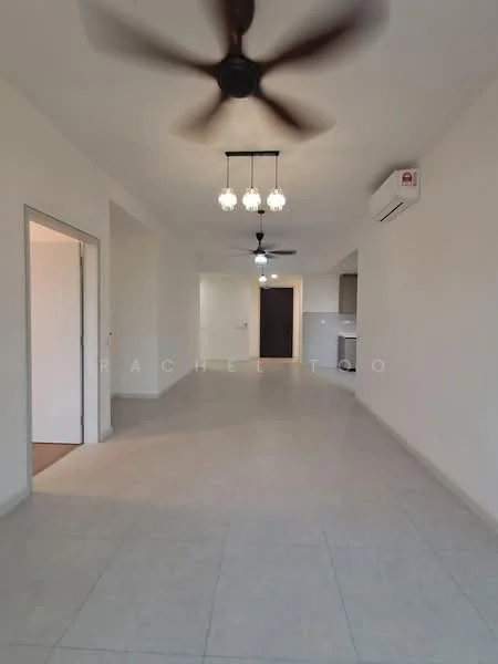 Living features: light-colored tiled flooring, white painted walls, 5-blade ceiling fan with light, recessed downlights, two pendant lights, wall-mounted split AC, open layout, doorway leading to another room; style: modern.