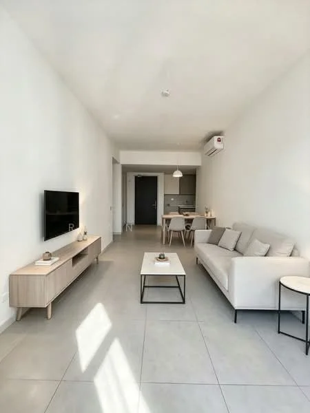 Living features: white painted walls, light grey tile flooring, 3-seater fabric sofa in light beige, wooden coffee table, TV console in light wood, wall-mounted flat-screen TV, ceiling-mounted air conditioning unit, pendant light fixture, large windows allowing natural light, decorative items on coffee table; style: minimalist. Dining features: dining table for four in light wood, four dining chairs, open layout to kitchen, neutral decor; style: minimalist.