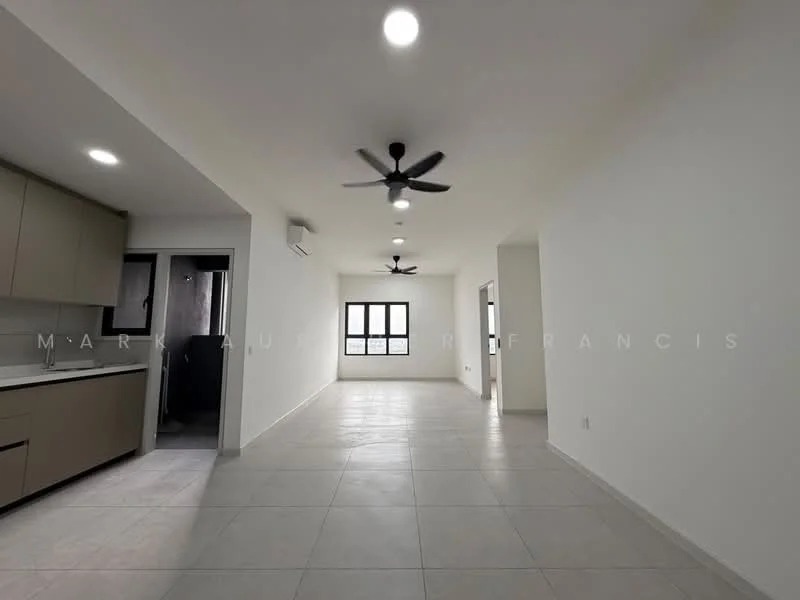 Living features: white painted walls, tile flooring, 5-blade ceiling fan with light, 2 ceiling fans, large windows, open layout, air conditioning unit, neutral color scheme; style: modern. Kitchen features: laminate cabinetry, stainless-steel sink, countertop with backsplash, open to living area; style: modern.