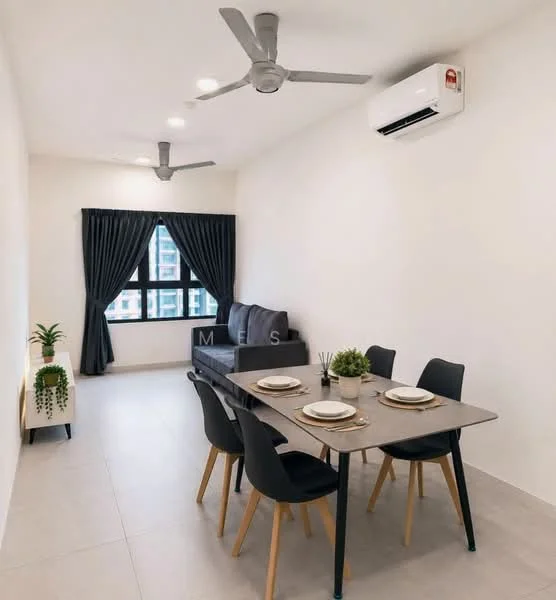 Dining features: 4-seater dining table, black dining chairs, grey sofa, 2 ceiling fans, wall-mounted split AC, dark curtains, light grey tiled flooring, white painted walls, decorative plant on side table, decorative plant on dining table; style: modern.