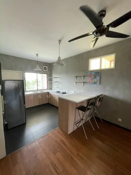 Kitchen features: grey concrete walls, wood cabinetry, island countertop, stainless-steel fridge, 4-burner gas hob, pendant lighting, open shelving, bar stools, window with natural light, black tile flooring, wood laminate flooring, ceiling fan; style: modern.
