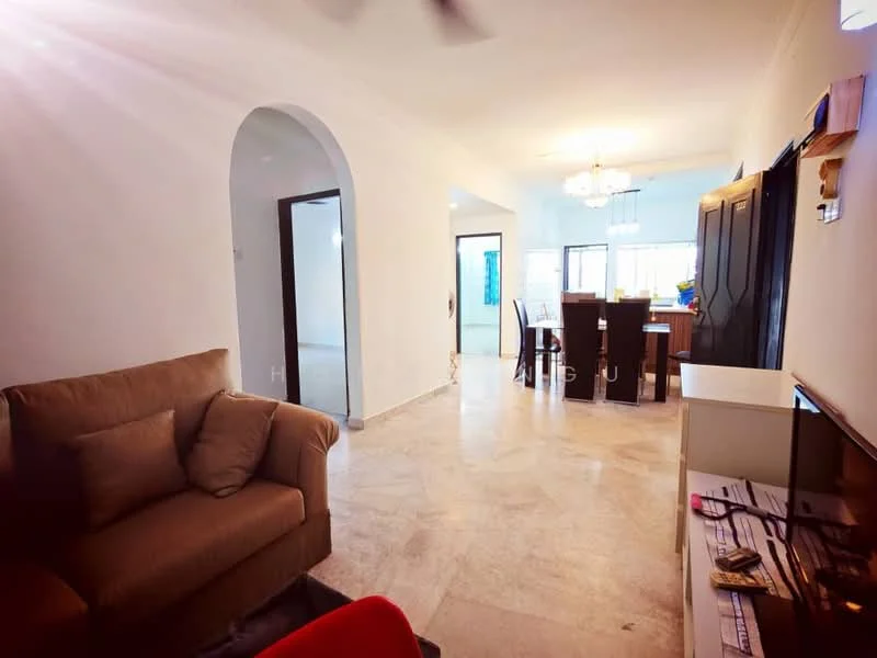 Living features: cream painted walls, marble flooring, 5-blade ceiling fan, sofa with cushions, TV console, wall-mounted TV, decorative wall shelf, arched doorway, natural light from windows; style: modern. Dining features: dining table with chairs, chandelier, large windows, open layout to kitchen, neutral decor; style: modern.