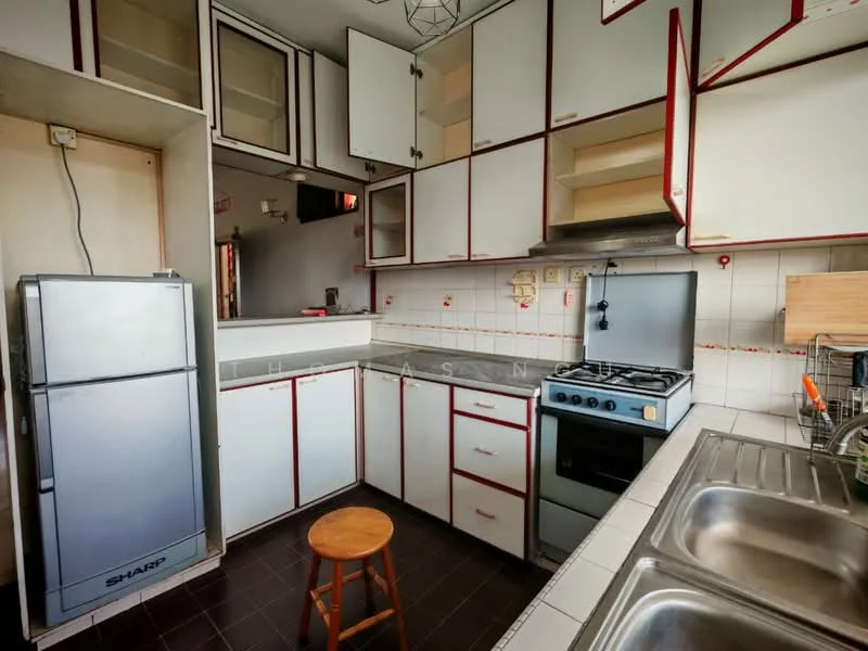 Kitchen features: white cabinets with red trim, stainless-steel sink, double-bowl stainless-steel sink, chrome pull-down faucet, grey countertop, built-in gas stove, oven below stove, refrigerator, wooden stool, tile backsplash, wall-mounted cabinets, open shelving, dark tile flooring, under-cabinet lighting; style: modern.