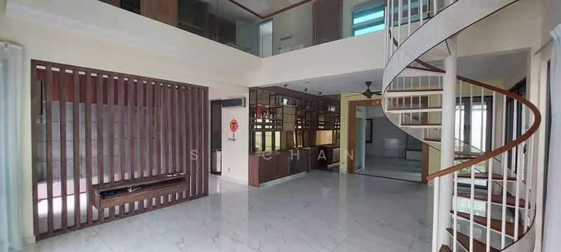Living features: marble tile flooring, white painted walls, spiral staircase, open layout, large windows, wooden feature wall, recessed lighting, ceiling fan, built-in shelving, decorative partition; style: modern.
