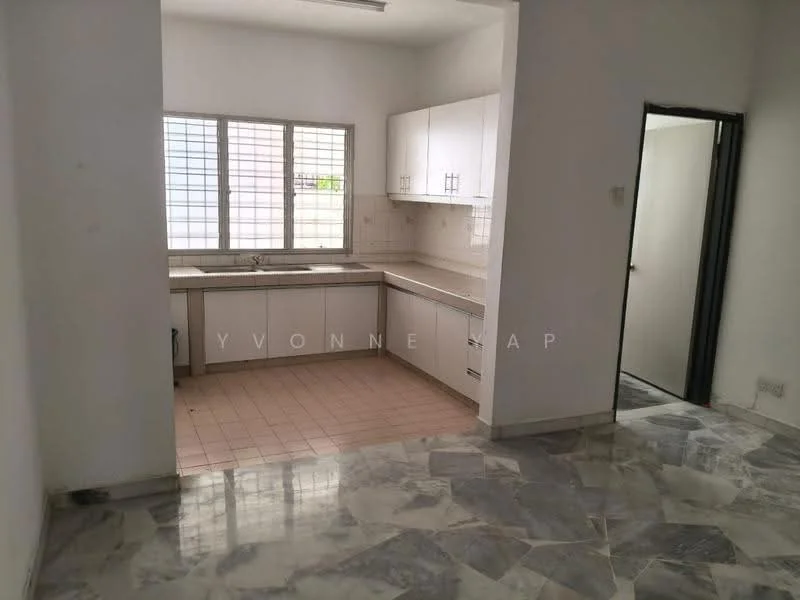 Kitchen features: white cabinetry, laminate countertop, single-bowl stainless-steel sink, chrome pull-down faucet, tile backsplash, window with grid pattern, floor tiles in beige, marble flooring, light fixture on ceiling, open layout to adjacent room; style: modern. Room features: white painted walls, doorway to adjacent room.