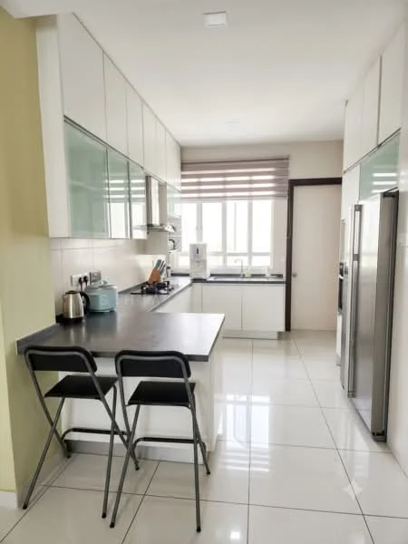 Kitchen features: white cabinetry with glass fronts, black countertop, stainless-steel fridge, built-in oven, 4-burner gas hob, stainless-steel range hood, single-bowl stainless-steel sink, chrome pull-down faucet, tile flooring, window with sheer curtains, two bar stools, kettle, water dispenser; style: modern; view: city.
