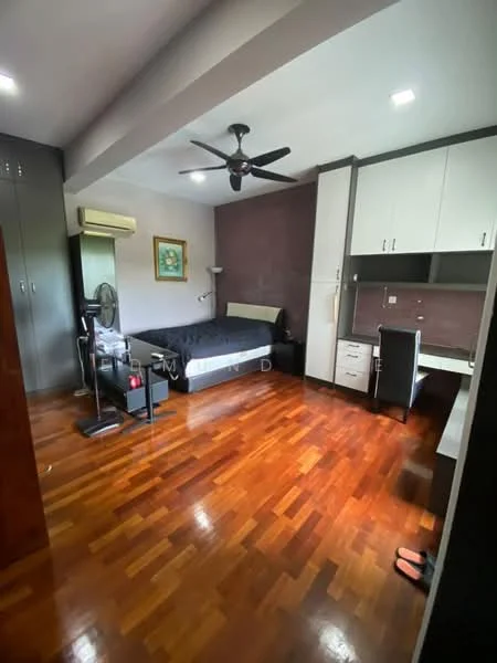 Bedroom features: wooden flooring, dark wood accent wall, white painted walls, ceiling fan, built-in wardrobe with sliding doors, desk with chair, bed with black upholstered headboard, window with blinds, air conditioning unit, decorative artwork on wall, floor lamp, study area; style: modern.