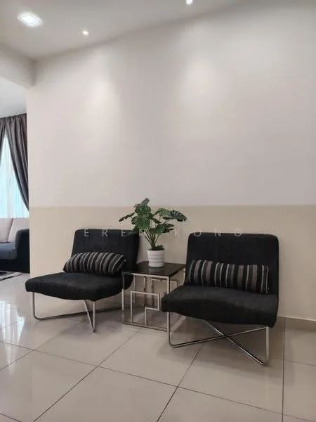 Room features: two black fabric chairs with metal legs, small side table with metallic frame, green potted plant, white painted walls, glossy tile flooring, curtains in neutral color, recessed ceiling lights; style: modern.