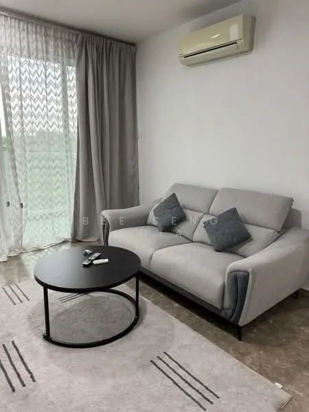Living features: grey fabric sofa, black round coffee table, light grey area rug, floor-to-ceiling windows with sheer curtains, wall-mounted split AC, neutral painted walls, textured wall treatment, decorative cushions; style: modern.