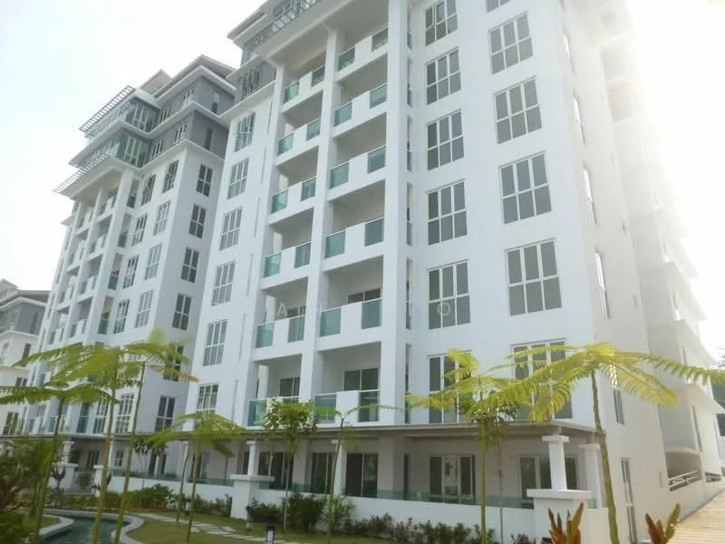 Exterior type: mid-rise condominium; features: white painted facade, glass balconies, green landscaping, multiple storeys, large windows, balconies on each unit, manicured lawn, surrounding greenery; style: modern.