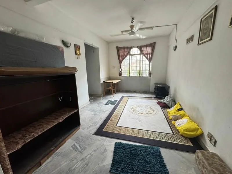 Living features: grey marble flooring, white painted walls, ceiling fan with light, large window with sheer curtains, wooden shelf unit, area rug with geometric pattern, decorative wall art, yellow floor cushions, round coffee table, corner table; style: minimalist; view: garden.