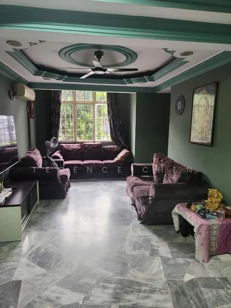 Living features: 3-seater fabric sofa in purple, L-shape sectional sofa in purple, marble flooring, tray ceiling with decorative moulding, ceiling fan, large windows with grid pattern, dark curtains, TV console, decorative wall art, coffee table, area rug; style: modern; view: garden.