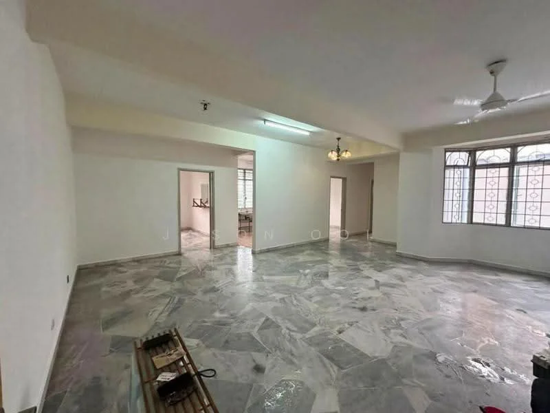 Room features: white painted walls, marble flooring, ceiling fan, multiple windows with grilles, recessed lighting, open layout, neutral color scheme, high ceiling; style: modern.